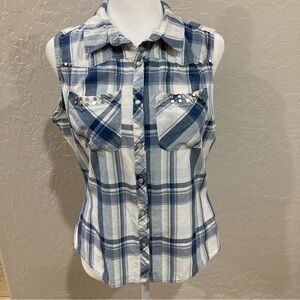 🩵 2/$15 Alaniz Women's Western 100% Cotton Blue Plaid Sleeveless Top Size M